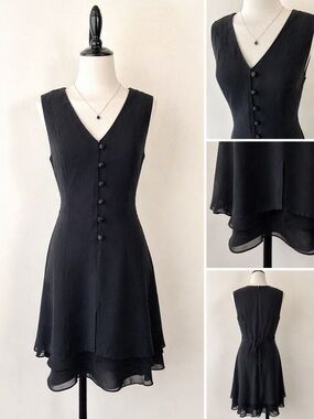 Vintage 90s Black Mini Dress Sheer Hem Button Front Chic Goth Minimalist
